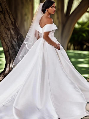 A-line Off-the-Shoulder Ruched Chapel Train Satin Wedding Dress
