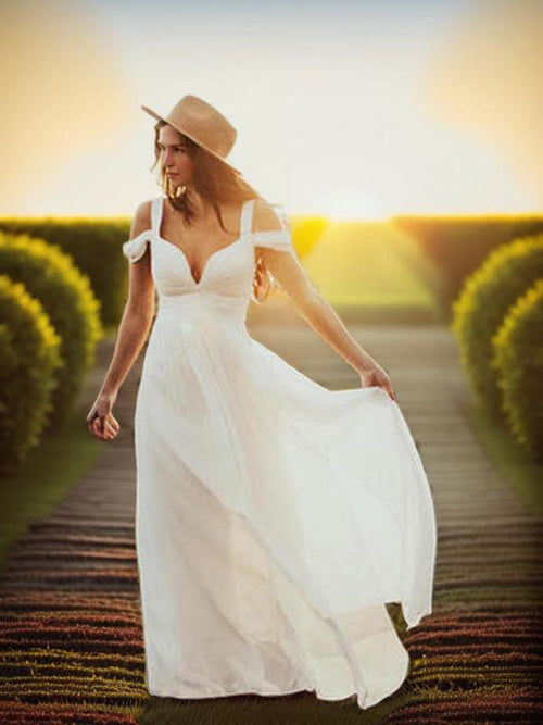 A-line V-neck Short Sleeves Floor-Length Chiffon Wedding Dress