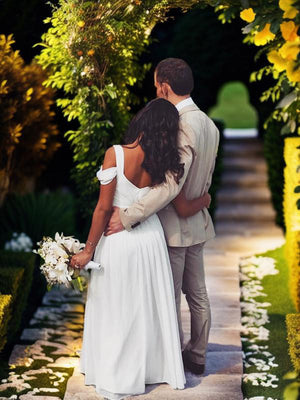A-line V-neck Short Sleeves Floor-Length Chiffon Wedding Dress