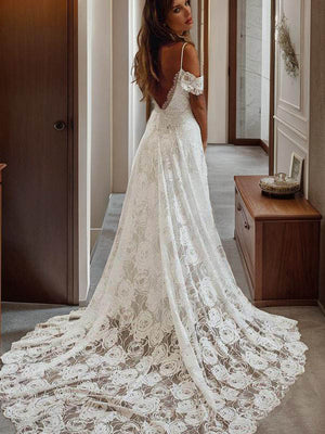 A-line V-neck Appliques Lace Chapel Train Lace Wedding Dress