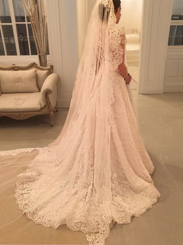 A-line Sweetheart Short Sleeves Appliques Lace Court Train Lace Wedding Dress