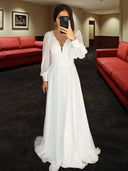 A-line V-neck Long Sleeves Appliques Lace Sweep Train Chiffon Wedding Dress