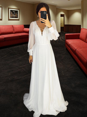 A-line V-neck Long Sleeves Appliques Lace Sweep Train Chiffon Wedding Dress