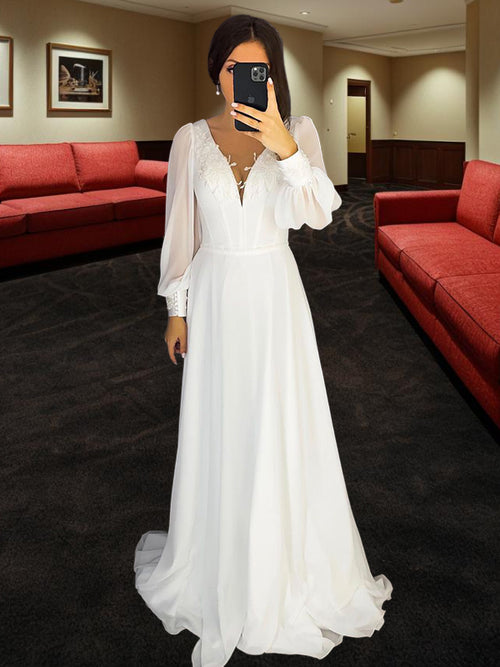 A-line V-neck Long Sleeves Appliques Lace Sweep Train Chiffon Wedding Dress