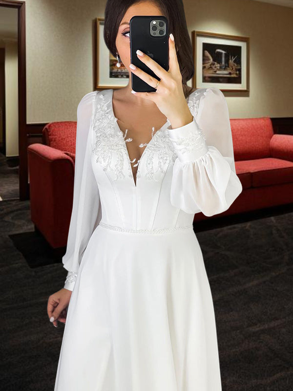 A-line V-neck Long Sleeves Appliques Lace Sweep Train Chiffon Wedding Dress