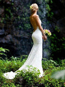 Sheath V-neck Appliques Lace Court Train Lace Wedding Dress