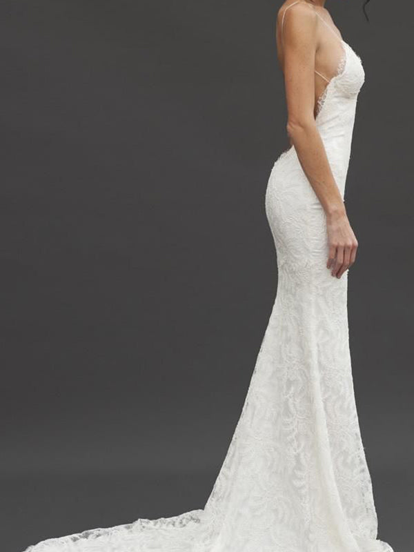 Sheath V-neck Appliques Lace Court Train Lace Wedding Dress