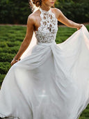 A-line Halter Appliques Lace Floor-Length Chiffon Wedding Dress