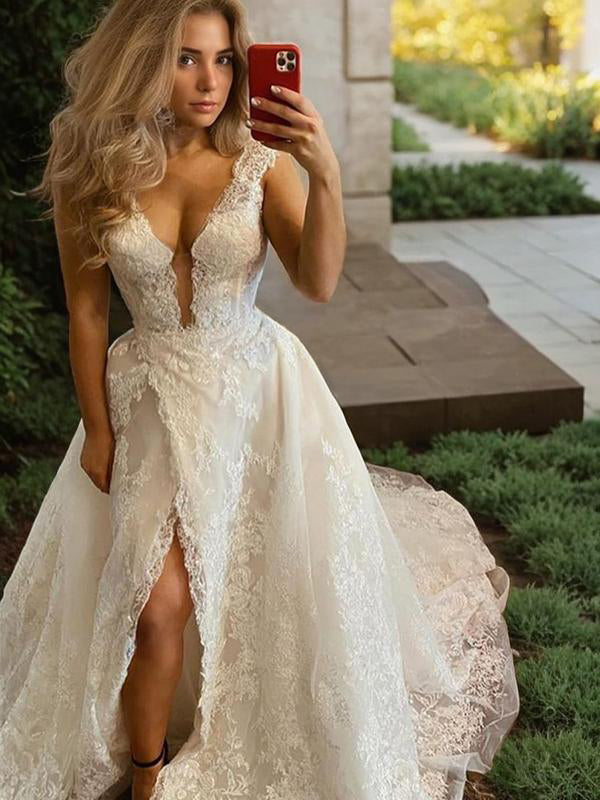 A-line V-neck Appliques Lace Sweep Train Tulle Wedding Dress