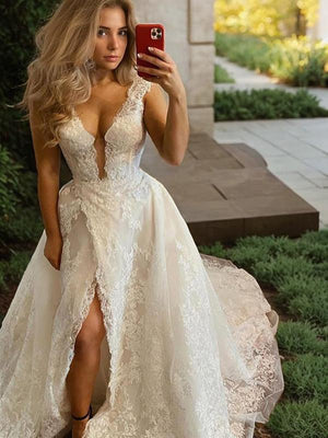 A-line V-neck Appliques Lace Sweep Train Tulle Wedding Dress