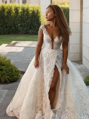 A-line V-neck Appliques Lace Sweep Train Tulle Wedding Dress