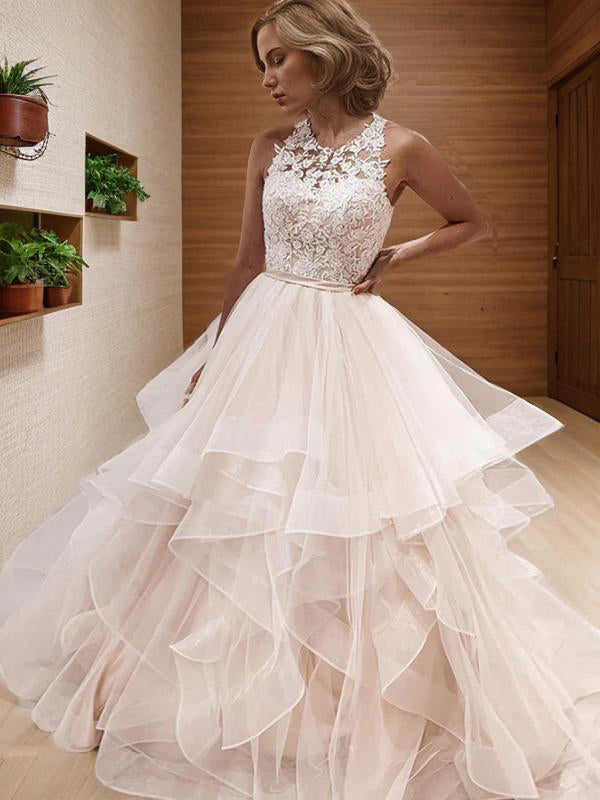 A-line Scoop Appliques Lace Floor-Length Tulle Wedding Dress