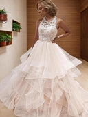 A-line Scoop Appliques Lace Floor-Length Tulle Wedding Dress