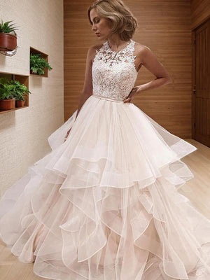 A-line Scoop Appliques Lace Floor-Length Tulle Wedding Dress