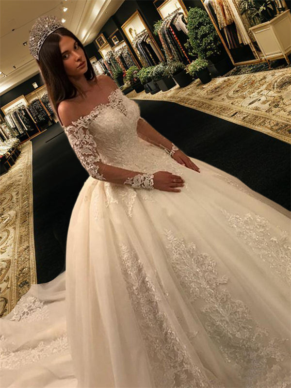 Ball-Gown Off-the-Shoulder Long Sleeves Appliques Lace Cathedral Train Tulle Wedding Dress