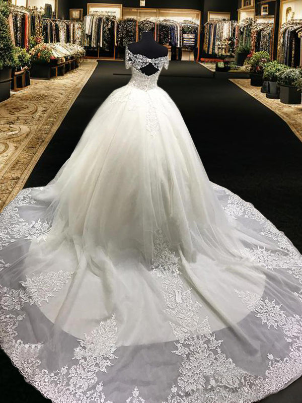 Ball-Gown Off-the-Shoulder Long Sleeves Appliques Lace Cathedral Train Tulle Wedding Dress