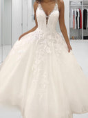 A-line V-neck Appliques Lace Sweep Train Tulle Wedding Dress