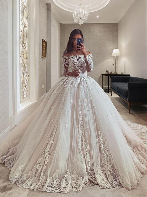 Ball-Gown Off-the-Shoulder Long Sleeves Appliques Lace Chapel Train Tulle Wedding Dress