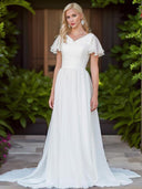 A-line V-neck Short Sleeves Ruffles Sweep Train Chiffon Wedding Dress
