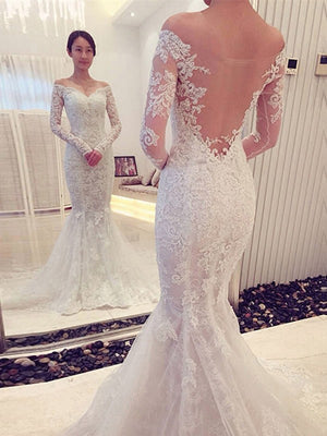 Mermaid Off-the-Shoulder Long Sleeves Appliques Lace Chapel Train Lace Wedding Dress