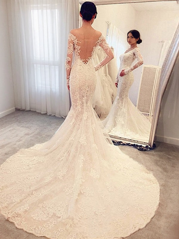 Mermaid Off-the-Shoulder Long Sleeves Appliques Lace Chapel Train Lace Wedding Dress