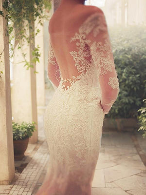 Mermaid Off-the-Shoulder Long Sleeves Appliques Lace Chapel Train Lace Wedding Dress