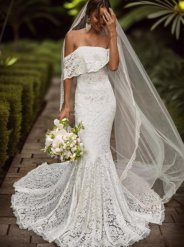 Mermaid Off-the-Shoulder Short Sleeves Appliques Lace Sweep Train Lace Wedding Dress