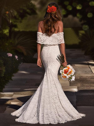 Mermaid Off-the-Shoulder Short Sleeves Appliques Lace Sweep Train Lace Wedding Dress