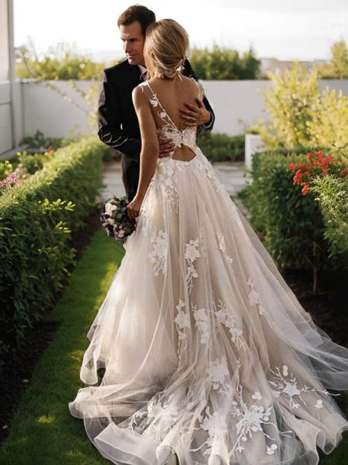 A-line Scoop Appliques Lace Sweep Train Lace Wedding Dress