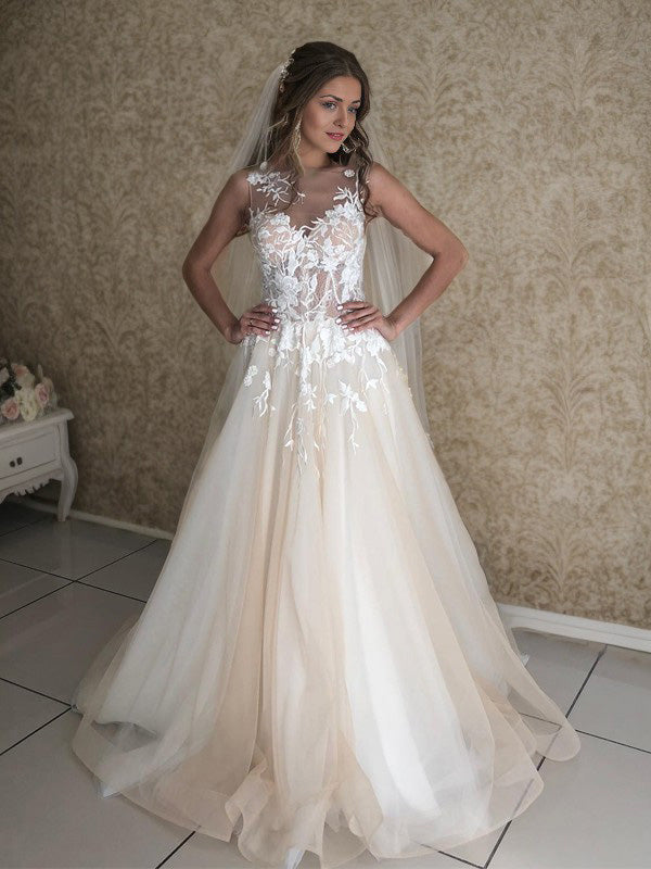 A-line Scoop Appliques Lace Sweep Train Lace Wedding Dress