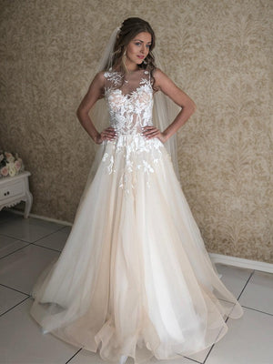 A-line Scoop Appliques Lace Sweep Train Lace Wedding Dress