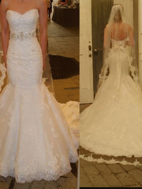 Mermaid Sweetheart Appliques Lace Court Train Tulle Wedding Dress
