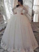 Ball-Gown Off-the-Shoulder Long Sleeves Appliques Lace Sweep Train Lace Wedding Dress