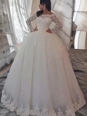 Ball-Gown Off-the-Shoulder Long Sleeves Appliques Lace Sweep Train Lace Wedding Dress