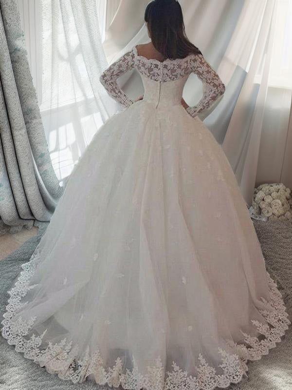 Ball-Gown Off-the-Shoulder Long Sleeves Appliques Lace Sweep Train Lace Wedding Dress