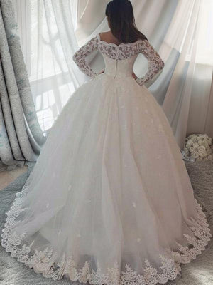 Ball-Gown Off-the-Shoulder Long Sleeves Appliques Lace Sweep Train Lace Wedding Dress