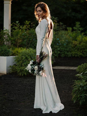 Sheath Jewel Long Sleeves Sweep Train Stretch Crepe Wedding Dress