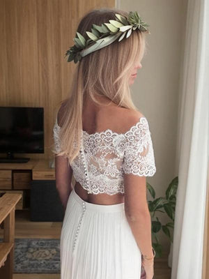 A-line Off-the-Shoulder 1/2 Sleeves Appliques Lace Floor-Length Tulle Wedding Dress