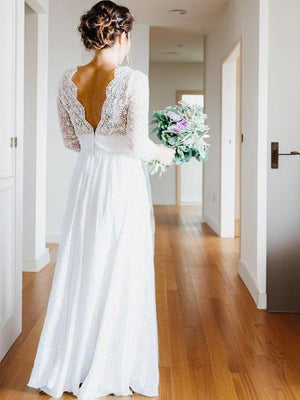 A-line V-neck Long Sleeves Appliques Lace Floor-Length Chiffon Wedding Dress