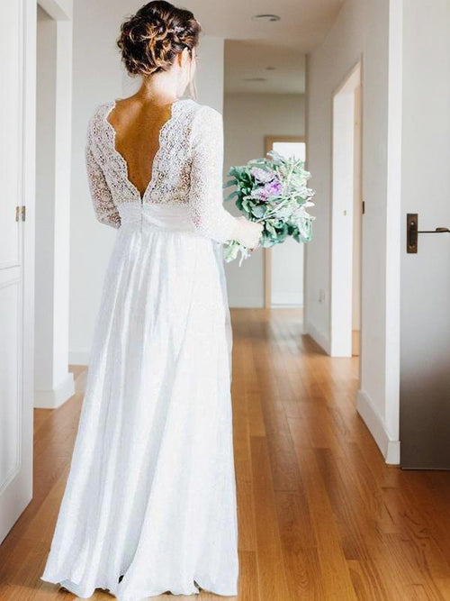 A-line V-neck Long Sleeves Appliques Lace Floor-Length Chiffon Wedding Dress