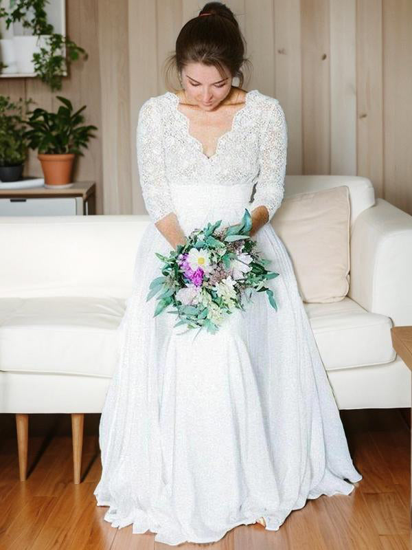 A-line V-neck Long Sleeves Appliques Lace Floor-Length Chiffon Wedding Dress