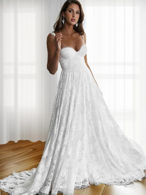 A-line Straps Appliques Lace Sweep Train Lace Wedding Dress