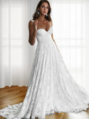 A-line Straps Appliques Lace Sweep Train Lace Wedding Dress