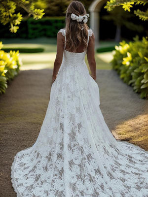 A-line Straps Appliques Lace Sweep Train Lace Wedding Dress