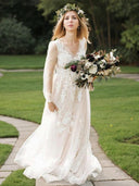 A-line V-neck Long Sleeves Appliques Lace Sweep Train Tulle Wedding Dress