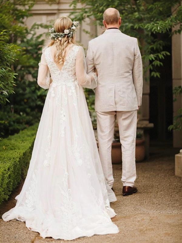 A-line V-neck Long Sleeves Appliques Lace Sweep Train Tulle Wedding Dress
