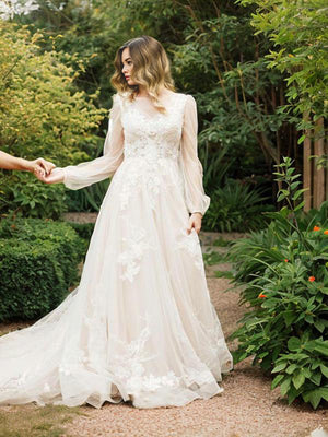 A-line V-neck Long Sleeves Appliques Lace Sweep Train Tulle Wedding Dress