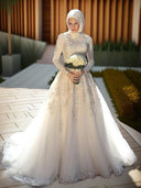 Ball-Gown Jewel Long Sleeves Appliques Lace Sweep Train Tulle Wedding Dress