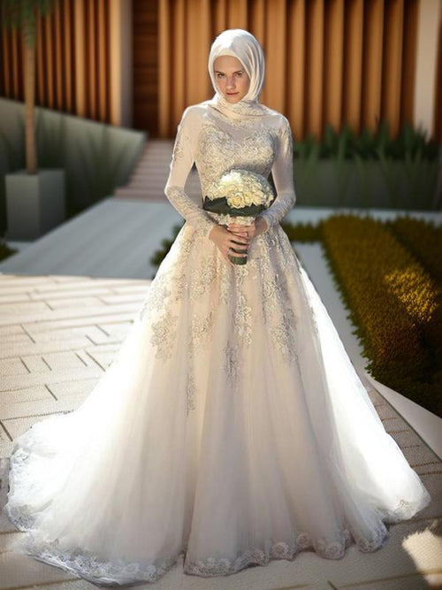 Ball-Gown Jewel Long Sleeves Appliques Lace Sweep Train Tulle Wedding Dress