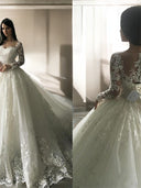 Ball-Gown Scoop Long Sleeves Appliques Lace Court Train Tulle Wedding Dress